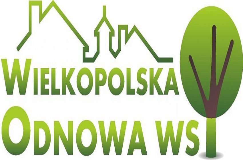 Na grafice widnieje zielony napis: Wielkopolska Odnowa Wsi. Oprócz tego jest też rysunek drzewa oraz kontury domów.