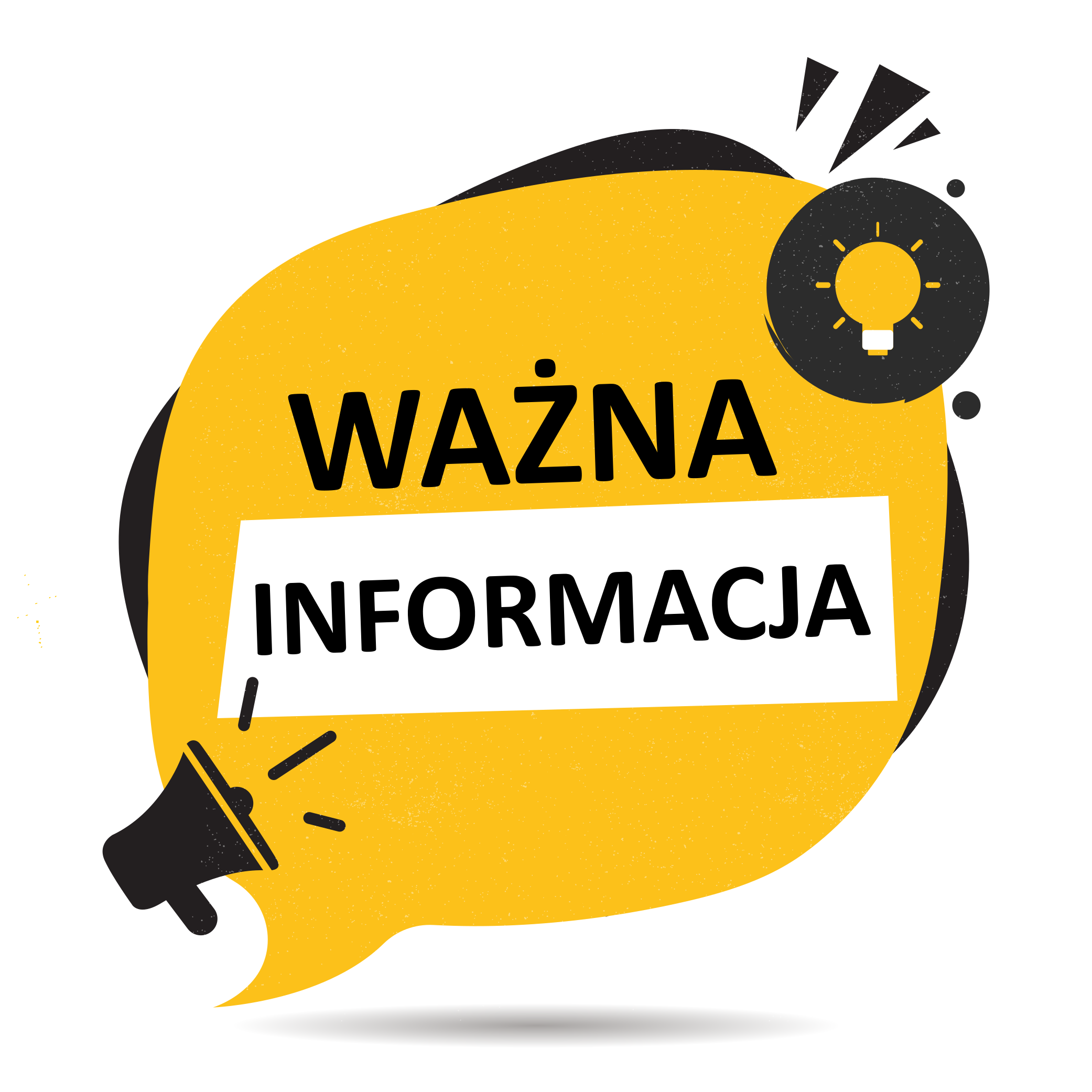 Obrazek przedstawia napis "ważna informacja" na tle kolorów żółtego, czarnego i białego, po prawej stronie widnieje obrazek żółtej żarówki na czarnym tle, po lewej stronie znajduje się obrazek czarnego megafonu