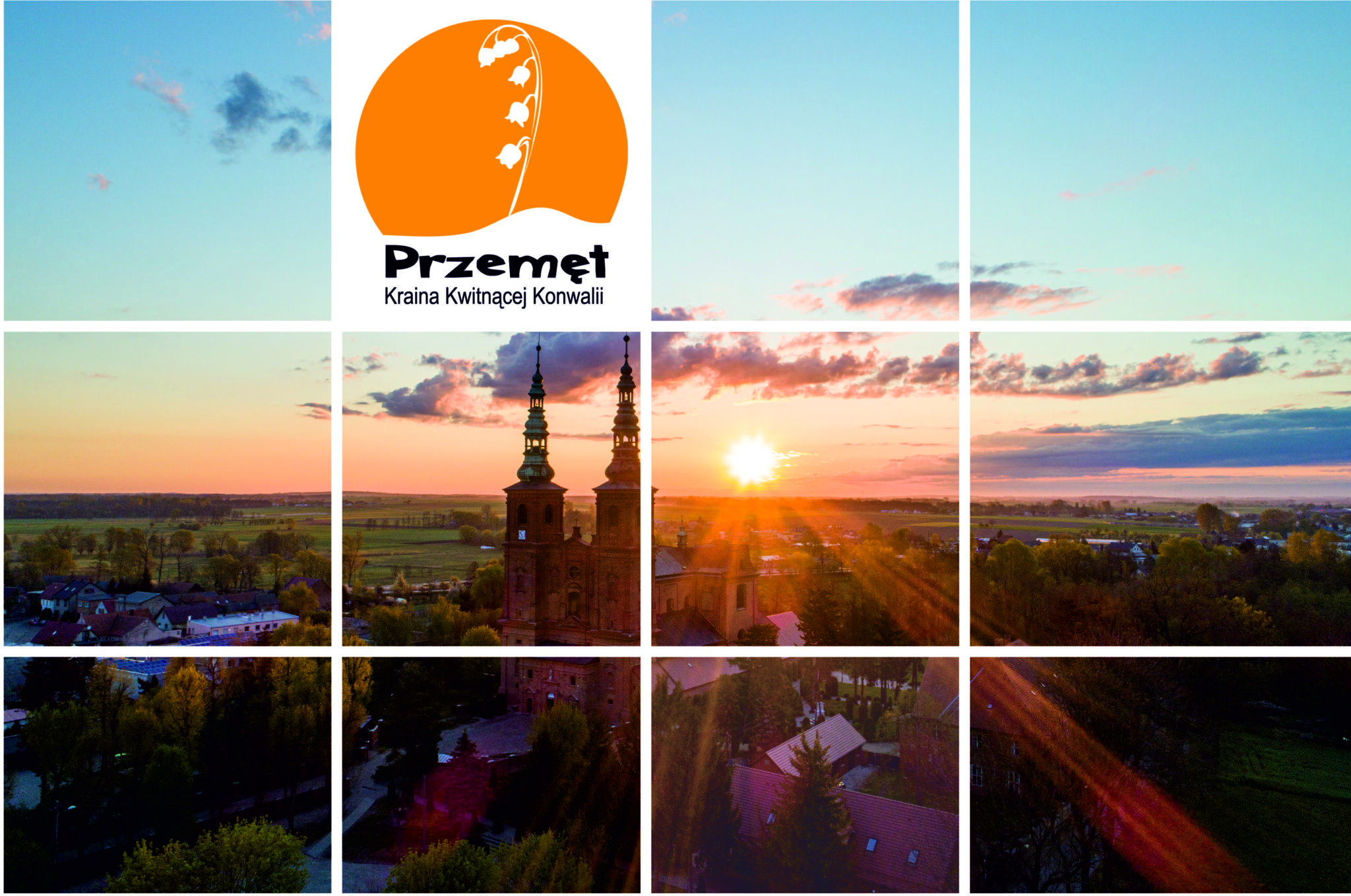 Obrazek przedstawia krajobraz obejmujący kościół pw. św. Jana Chrzciciela w Przemęcie oraz teren wokół niego. Na obrazku widnieje również logo Gminy Przemęt.