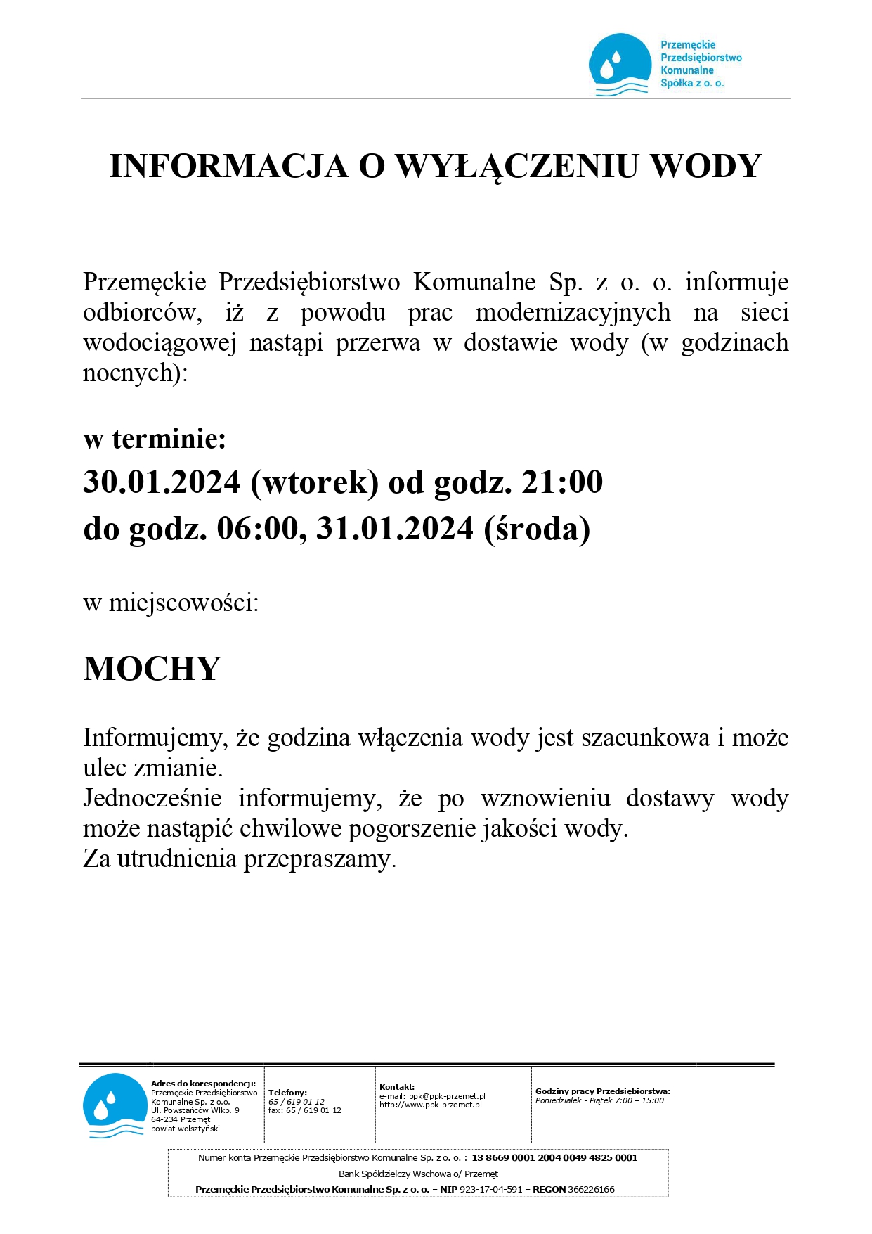 Informacja o wyłączeniu wody w terminie 30.01.2024 r. w miejscowości Mochy