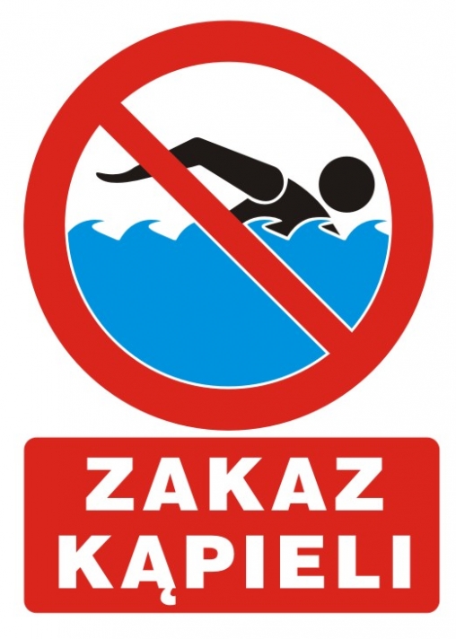 Grafika zawiera treść: "zakaz kąpieli". Na grafice znajduję się także znak informujący o zakazie kąpieli.
