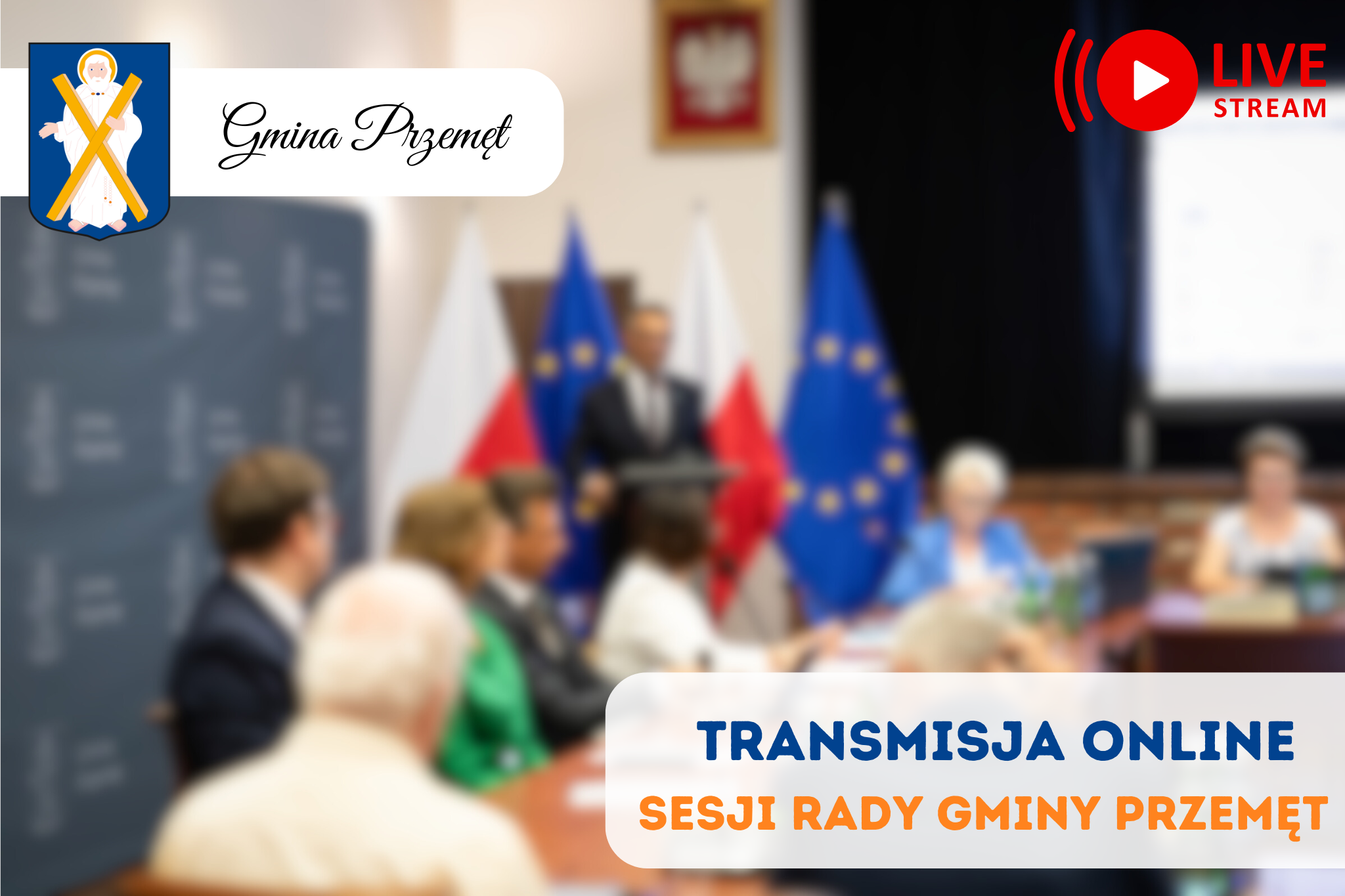 Grafika przedstawia obrady sesji. Zawiera także herb gminy Przemęt wraz z dopiskiem "Gmina Przemęt" oraz napisy: "Transmisja online sesji rady gminy Przemęt" i "live stream".
