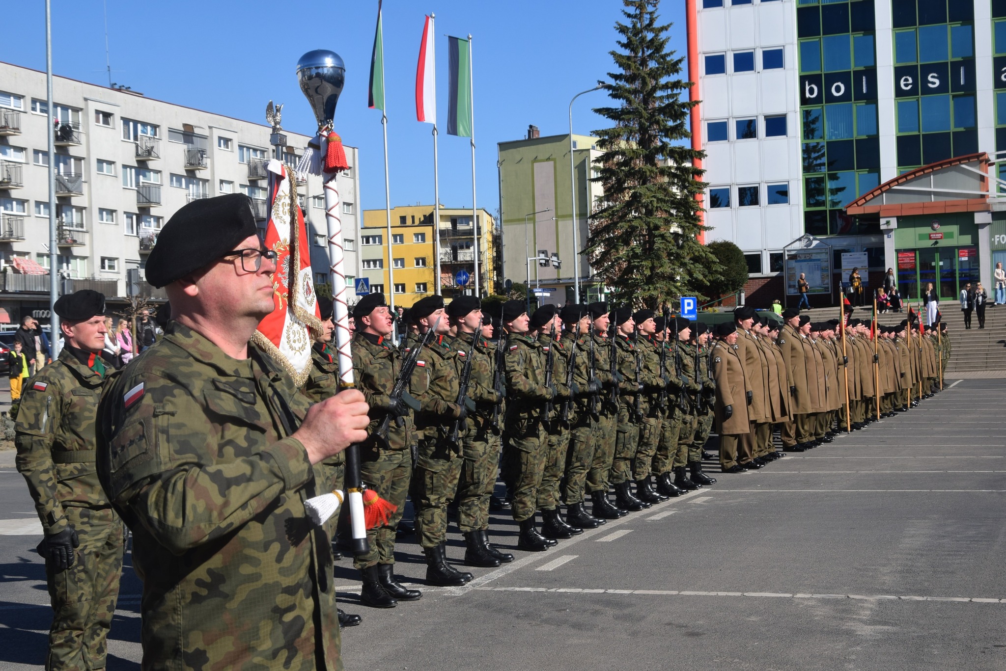 Na zdjęciu żołnierze ustawieni w rzędach. W tle flaga Polski oraz flaga Pułku.