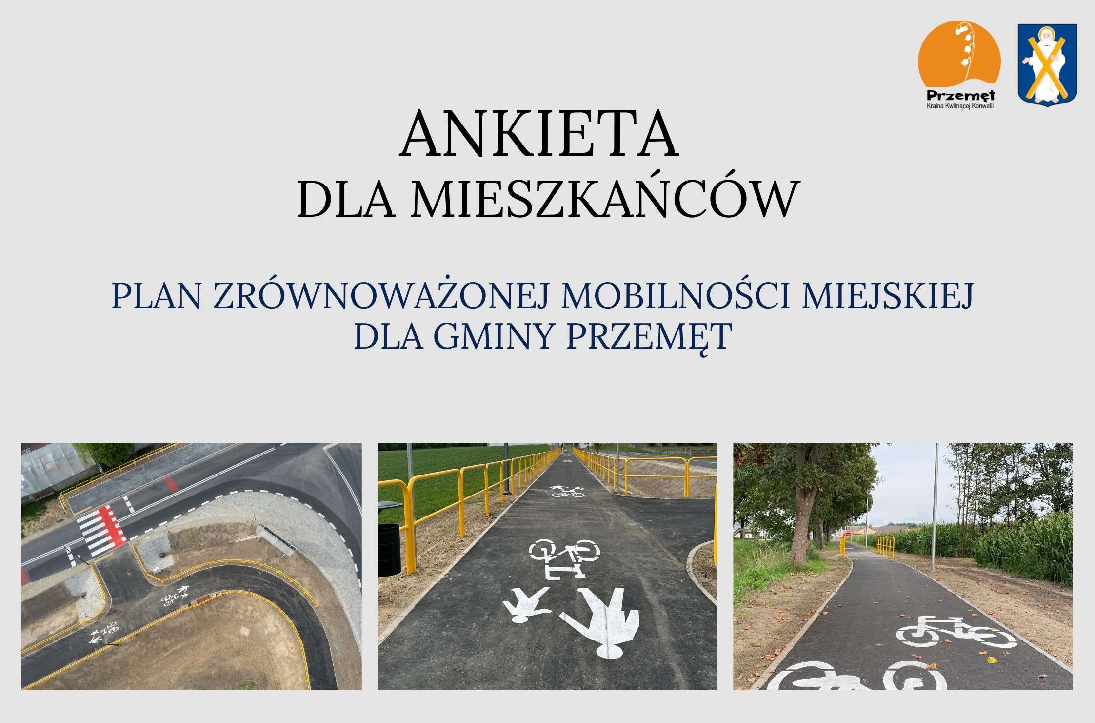 Grafika zawiera 3 zdjęcia - dwa prezentują ścieżkę rowerową Błotnica-Radomierz-Starkowo oraz jedno ukazujące ścieżkę rowerową Bucz-Barchlin. Na grafice widnieje tekst: "Ankieta dla mieszkańców. Plan zrównoważonej mobilności miejskiej dla gminy Przemęt". Grafika zawiera logo i herb gminy Przemęt.