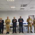 Od lewej dh Józef Pauch,st.kpt. Bartosz Kasiński, dh Henryk Żok, Starosta Wolsztyński Jacek Skrobisz, st. kpt. Marcin Mocek, sekc. Paulina Ososińska,.