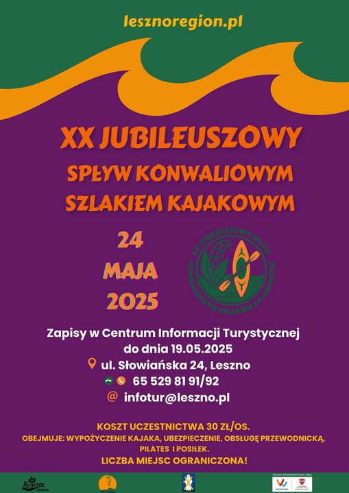 Plakat wykonano w kolorze: fioletowym, zielonym i pomarańczowym oraz zawiera logo z napisem "XX Jubileuszowy Spływ Konwaliowym Szlakiem Kajakowym", logo przedstawia kajak i konwalię. Oprócz tego na plakacie umieszczono: herb gminy Przemęt, logo gminy, logo Leszno Region oraz logo z napisem wielkopolska i herb samorządu wojewódzkiego wielkopolskiego. Treść: XX Jubileuszowy Spływ Konwaliowym Szlakiem Kajakowym, który odbędzie się 24 maja 2025 r. Zapisy w Centrum Informacji Turystycznej do dnia 19.05.2025 na ul. Słowiańskiej 24 w Lesznie. Nr kontaktowe: 65 529 81 91/92, e-mail: infotur@leszno.pl. Koszt uczestnictwa 30 zł/os. Obejmuje: wypożyczenie kajaka, ubezpieczenie, obsługę przewodnicką, pilates, posiłek. Liczba miejsc ograniczona!