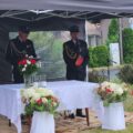 Na fotografii komendant powiatowy PSP w Wolsztynie – kpt. Damian Glapiak przemawia podczas uroczystości.
