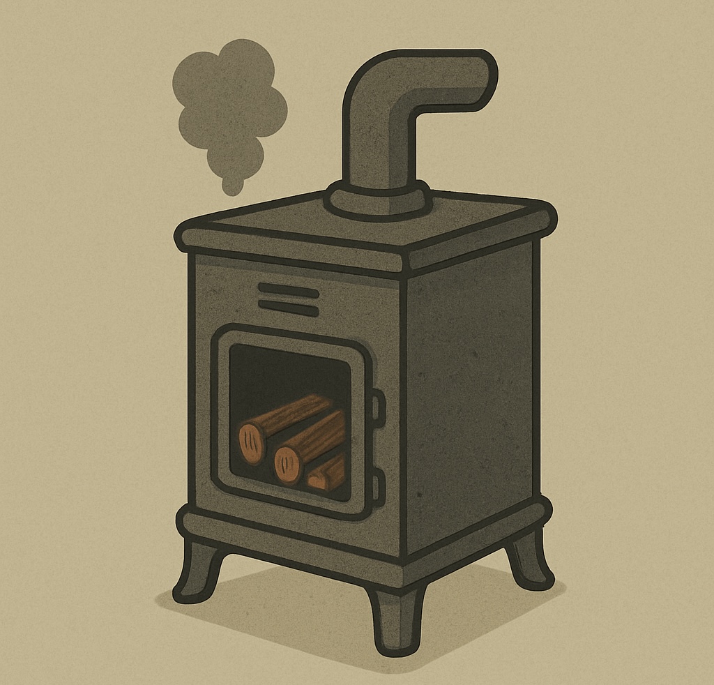 Na grafice widzimy stylizowany, prosty piec typu koza, wykonany w formie kreskówkowej ilustracji. Urządzenie stoi na czterech nogach i ma przeszklone drzwiczki, przez które widać ułożone kawałki drewna. Z rury kominowej unosi się dym w formie miękkiej chmurki.