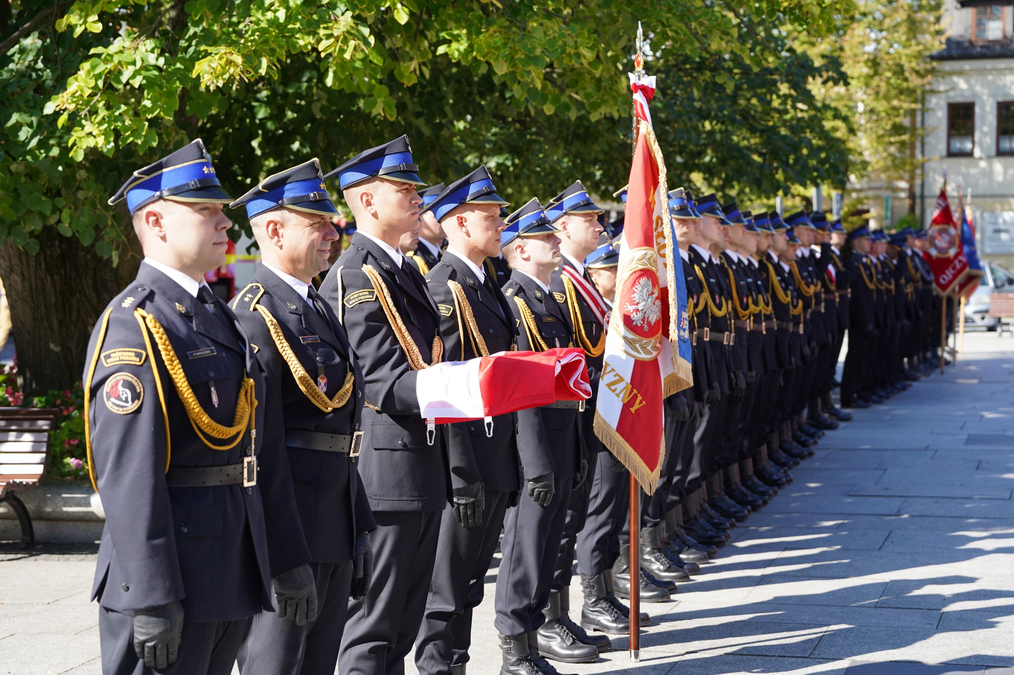 Na fotografii poczty sztandarowe prezentują się w pełnym umundurowaniu galowym podczas ceremonii nadania sztandaru.