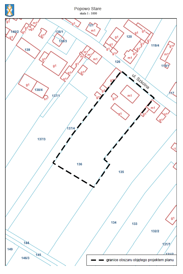 Grafika przedstawia mapę, na której zaznaczono granice obszaru objętego projektem planu.