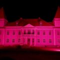 Na zdjęciu widoczny budynek szkoły w Buczu oświetlony na czerwono.