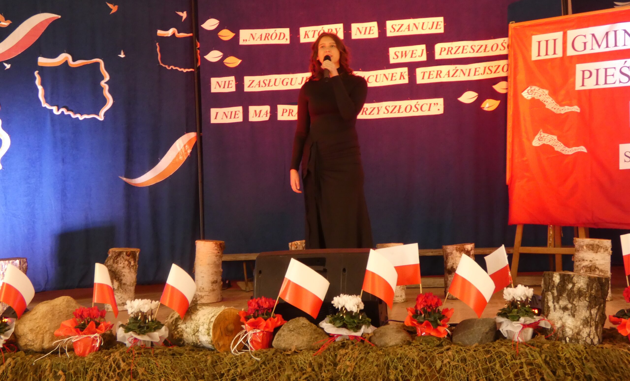 Na zdjęciu widoczna dziewczyna podczas występu na scenie. Scena udekorowana jest w narodowe barwy. Na kotarze na scenie widnieje napis: "Naród, który nie szanuje swej przeszłości nie zasługuje na szacunek teraźniejszości i nie ma prawa do przyszłości".
