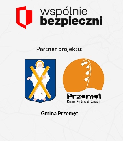 Na grafice widoczne logo gminy Przemęt, herb gminy Przemęt oraz napis: "Partner projektu Gmina Przemęt". Na grafice widnieje także napis "wspólnie bezpieczni".