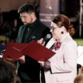 Na zdjęciu kobieta i mężczyzna podczas przemowy.