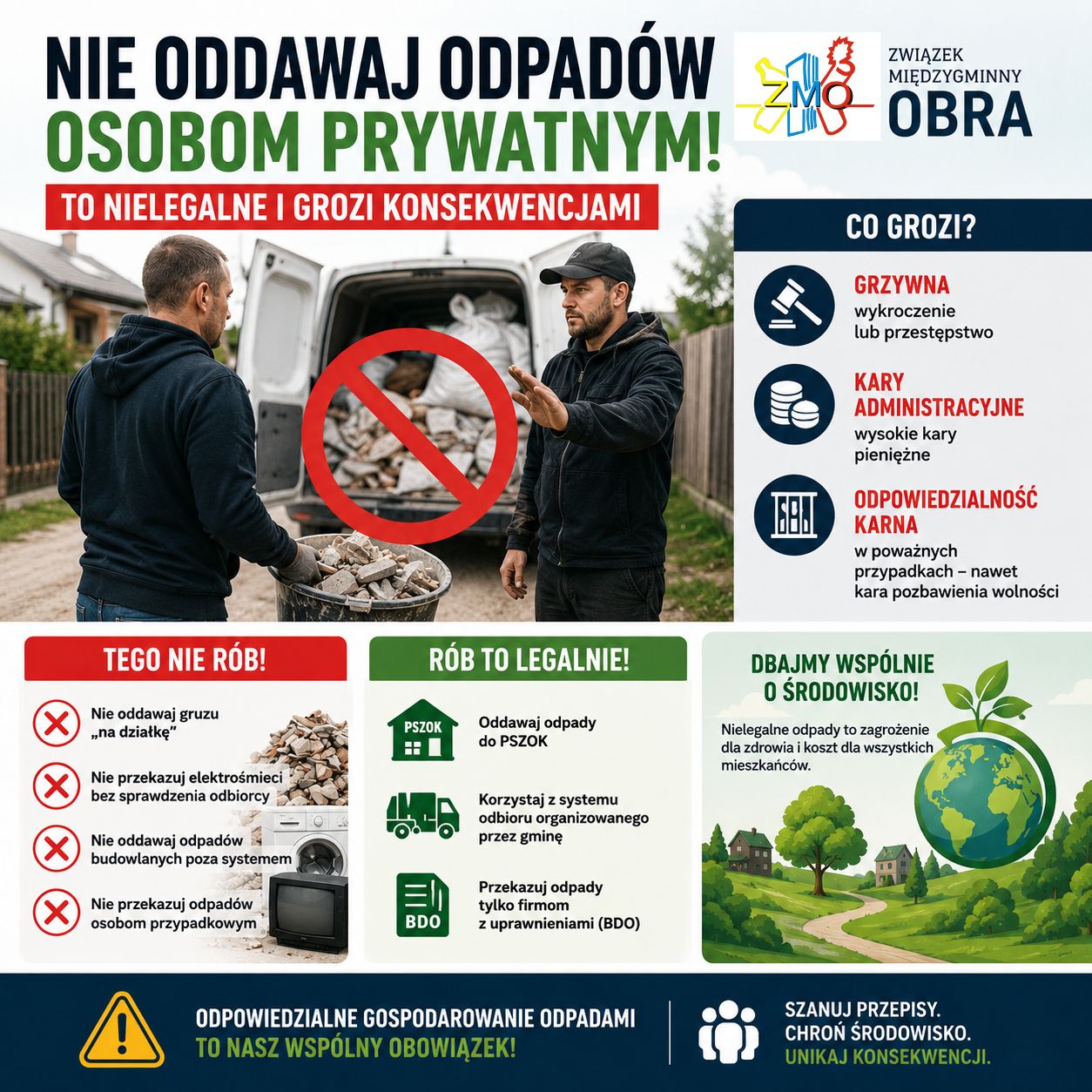 Plakat informacyjny ostrzega przed nielegalnym przekazywaniem odpadów osobom prywatnym. Główne hasło podkreśla, że oddawanie gruzu, elektrośmieci i innych odpadów przypadkowym odbiorcom jest niezgodne z prawem i może prowadzić do poważnych konsekwencji. Na ilustracji widać dwóch mężczyzn przy samochodzie dostawczym wypełnionym odpadami, przekreślonych czerwonym symbolem zakazu. Po prawej stronie przedstawiono możliwe skutki takich działań: grzywny, wysokie kary administracyjne, odpowiedzialność karną, w tym możliwość pozbawienia wolności. Dolna część plakatu zawiera wskazówki, czego nie robić oraz jak postępować zgodnie z prawem. Zaleca się: oddawanie odpadów do PSZOK, korzystanie z gminnego systemu odbioru, przekazywanie odpadów wyłącznie uprawnionym firmom posiadającym wpis BDO. Plakat kończy apel o dbanie o środowisko, przestrzeganie przepisów i odpowiedzialne gospodarowanie odpadami.